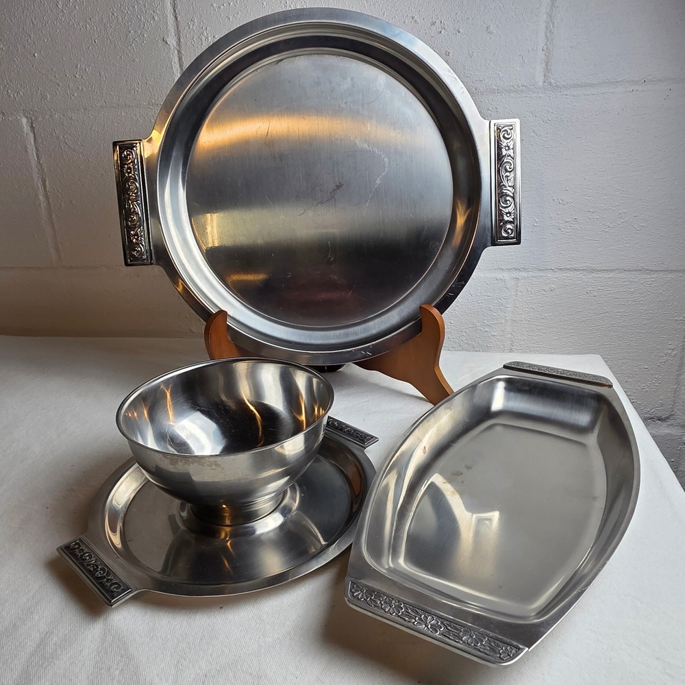 Vintage Stainless Steel Serving Set Floral Embossed 3 Piece MCM SSI Japan 18/8